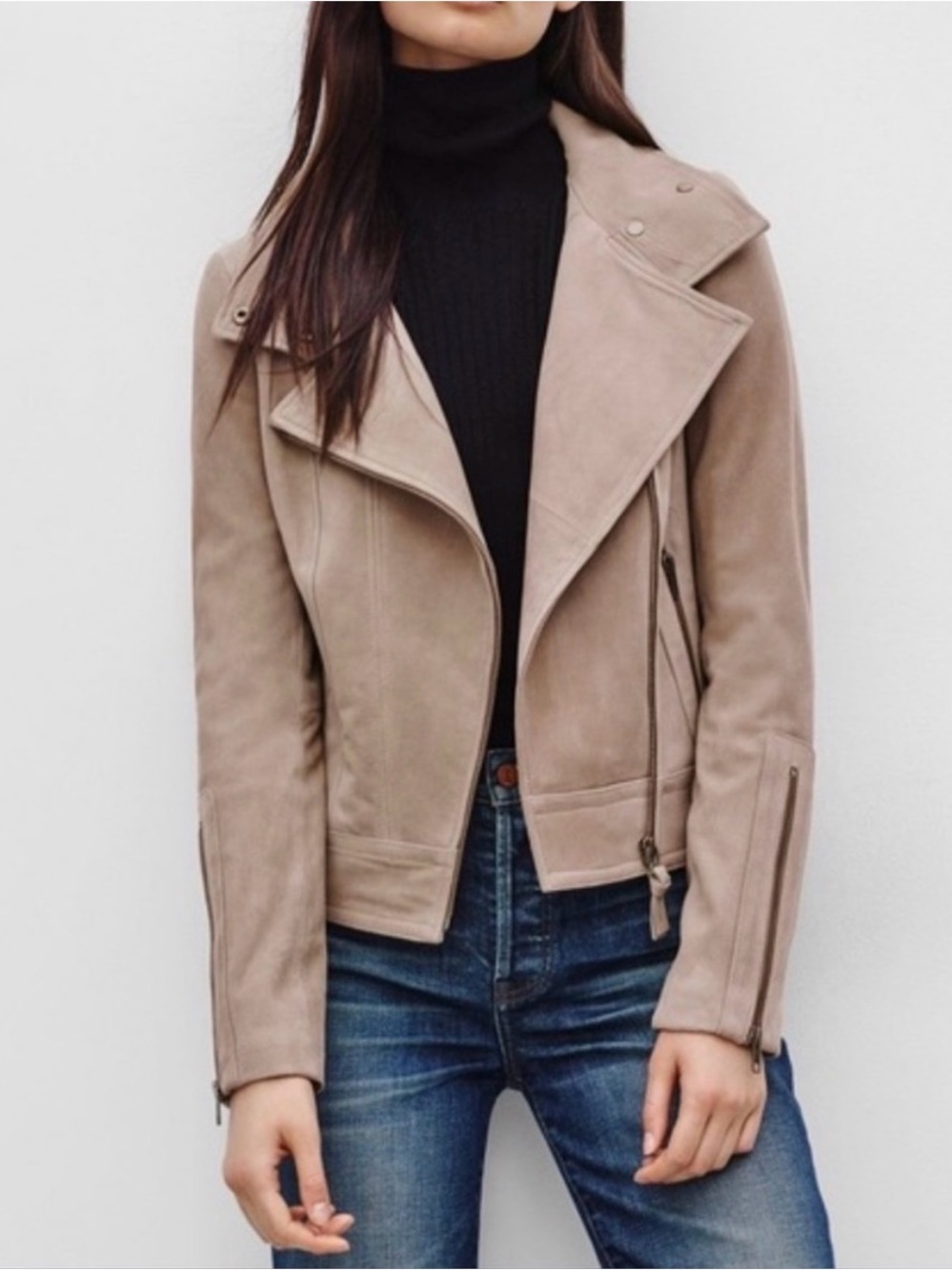 Mackage x Aritzia Lambskin Suede Moto Jacket Large Sand Taupe Asymmetric Zip |